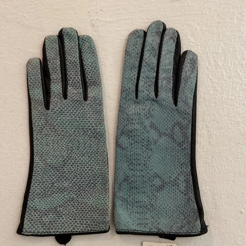 Leather Gloves Teal Blue Snake Animal Print Size M